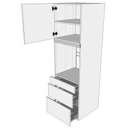 Indbygningsskab til ovn 60 cm med 3 hylder, alurist, lge og 3 skuffer - fuldudtrk